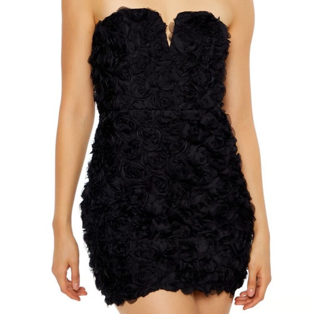 New S Elegant Black Strapless mini Dress roses Floral Texture prom formal lbd Sm - Picture 2 of 10